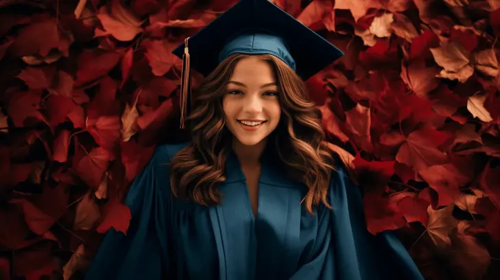 Blue graduation cap and gown set against autumn leaves, perfect for ceremonies and academic events, polyester material.