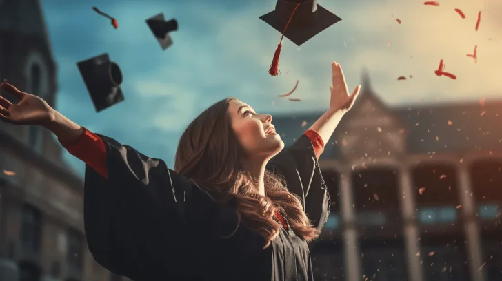 Graduation cap and gown set, black with red accents, suitable for ceremonies, durable polyester material.