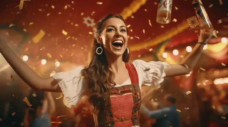 Traditional red dirndl dress with white blouse, perfect for Oktoberfest celebrations, featuring intricate embroidery details.