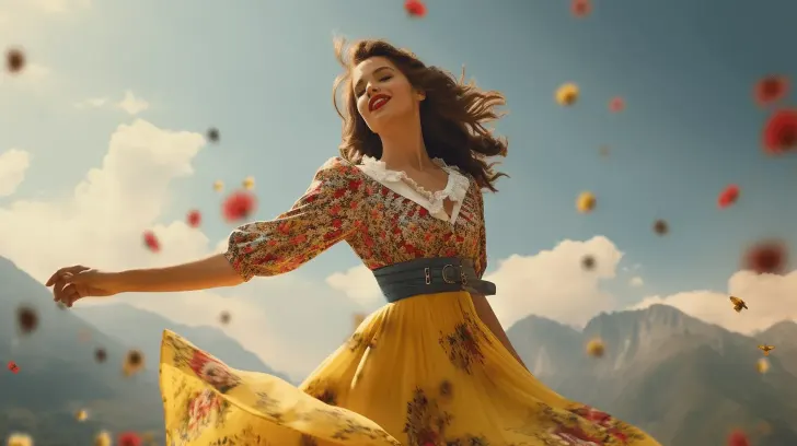 Floral dress with a yellow skirt and lace collar, perfect for summer outings, made of lightweight, breathable fabric.