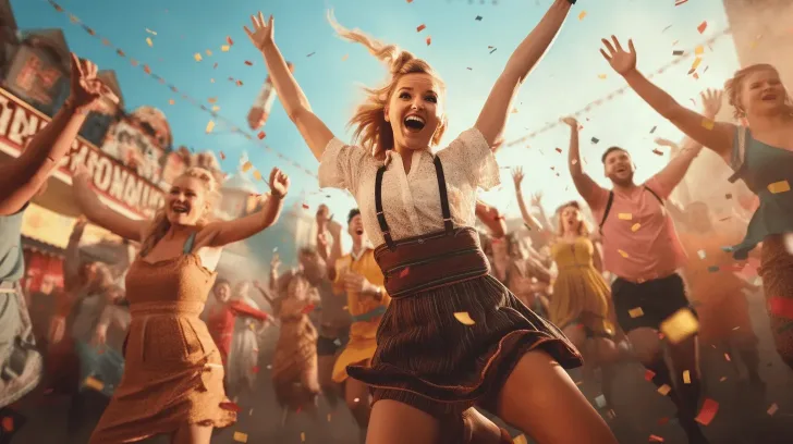 Alt text: "Festive brown lederhosen dress with white blouse, perfect for celebrations and cultural festivals, durable fabric."