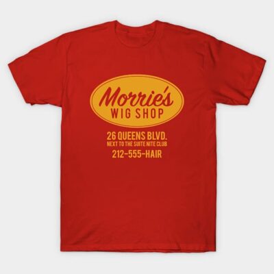Red cotton T-shirt with "Morrie's Wig Shop" logo and address in yellow text, casual wear style, unisex design.