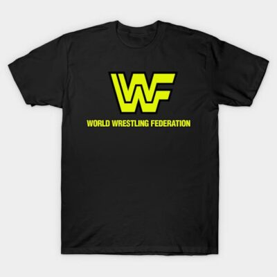 Black cotton t-shirt with yellow "World Wrestling Federation" logo, casual style, comfortable fit.