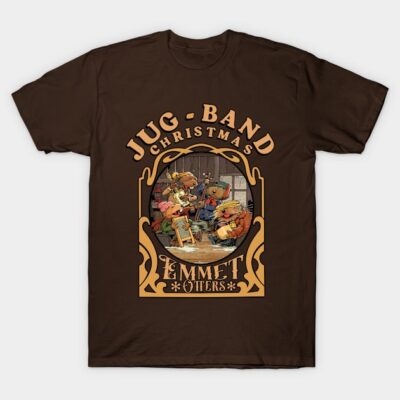 Brown t-shirt featuring "Jug-Band Christmas" graphic design with vintage style illustration.