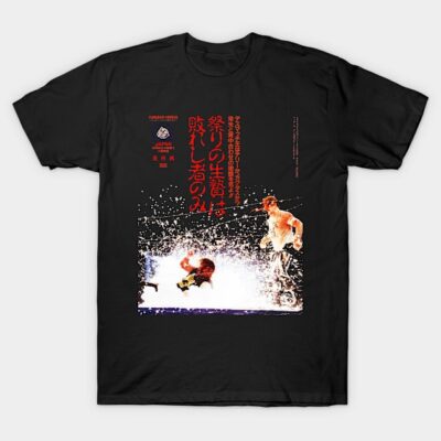 Black t-shirt with vintage-style graphic design, featuring dynamic imagery and Japanese text. Ideal for casual wear.