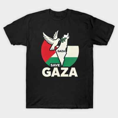 Black t-shirt with "Save Gaza" design, featuring dove and map graphic. Casual wear, soft cotton material.
