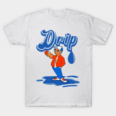 White cotton T-shirt with colorful cartoon design and "Drip" text, casual wear, unisex, comfortable fit.