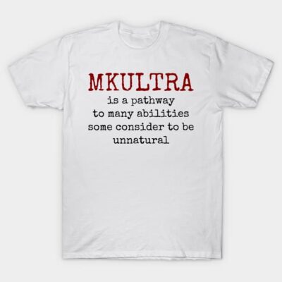 White cotton t-shirt with "MKULTRA" and text in red and black. Casual style, comfortable for everyday wear.