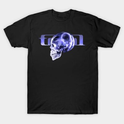 Black t-shirt with glowing skull design, casual wear, comfortable cotton material, suitable for everyday style.