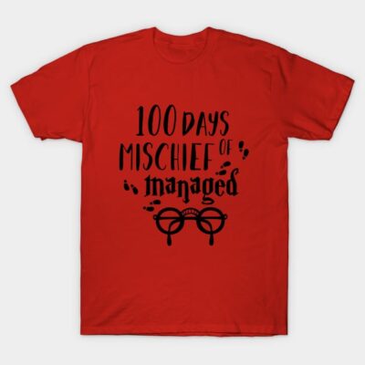 Red cotton t-shirt with "100 Days Mischief Managed" text and glasses graphic, casual style for everyday wear.