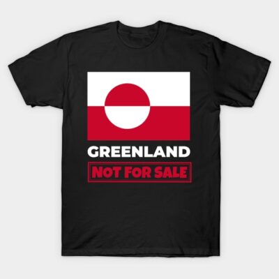 Black T-shirt with Greenland flag design and "Not For Sale" text, made of 100% cotton, casual wear.