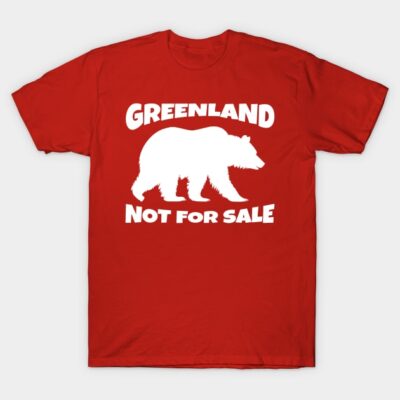 Red cotton t-shirt with "Greenland Not For Sale" slogan and bear graphic, casual style, unisex design.
