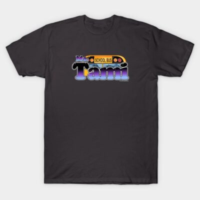 Black graphic T-shirt with colorful "School Bus" design, casual style, cotton material, perfect for everyday wear.
