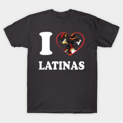 "Black t-shirt with 'I Love Latinas' text and heart graphic, casual wear, cotton material, vibrant design"