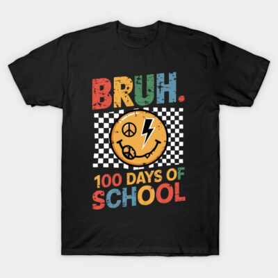 Black "100 Days of School" graphic T-shirt with colorful retro design, suitable for casual wear and school events.