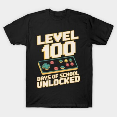 Black t-shirt with "Level 100 Days of School Unlocked" gaming design, ideal for school milestone celebrations.