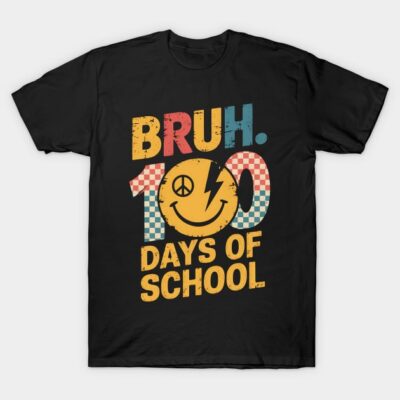 Black t-shirt with "Bruh 100 Days of School" graphic, colorful retro design, casual wear for students.