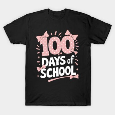 Black T-shirt with "100 Days of School" text in pink and white, featuring bow accents. Fun school celebration apparel.