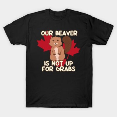 Black t-shirt featuring a cute beaver graphic with red maple leaves and humorous text. Perfect for casual wear.