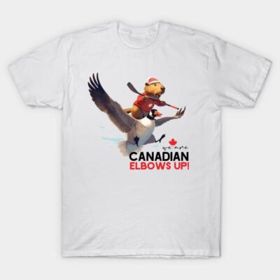 White T-shirt with a Canadian theme featuring a beaver and goose graphic, perfect for casual wear and sports fans.