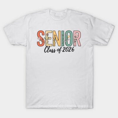 White "Senior Class of 2026" t-shirt with colorful floral letters, casual style, ideal for graduates, cotton fabric.