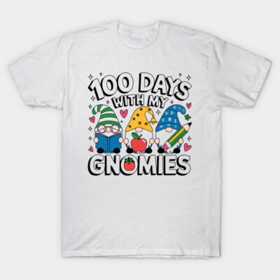 White "100 Days with My Gnomies" t-shirt featuring colorful gnome design, perfect for casual wear and celebrations.