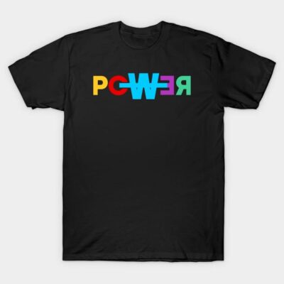 Black t-shirt with colorful "POWER" text design, casual wear, 100% cotton, unisex style.