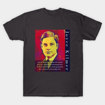 "Black t-shirt with colorful abstract graphic design, featuring bold text and artistic portrait for casual wear."