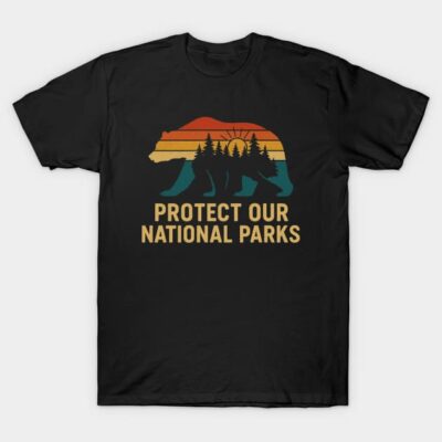 Black t-shirt with "Protect Our National Parks" slogan, featuring a colorful bear and forest design. Eco-friendly message.