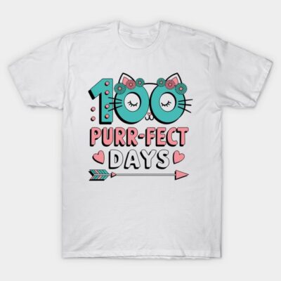 White t-shirt with "100 Purr-fect Days" cat design, colorful floral accents, perfect for casual wear and celebrations.