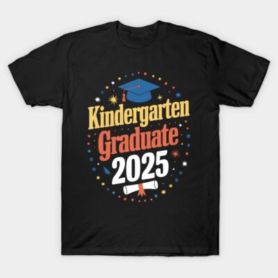 Black t-shirt with "Kindergarten Graduate 2025" design, featuring colorful graphics and graduation cap. Perfect for kids.