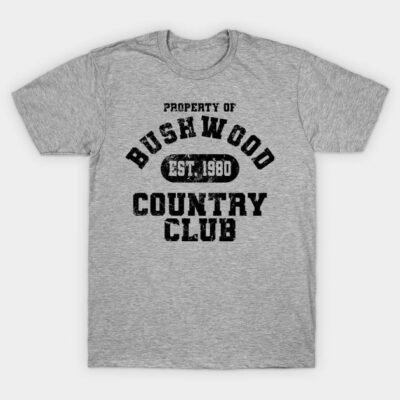 Gray "Bushwood Country Club" T-shirt, vintage style, casual wear, soft cotton fabric, perfect for leisure or sports.