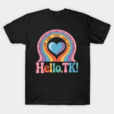 Black t-shirt with colorful retro heart and rainbow design, text "Hello, TK!", perfect for casual wear.