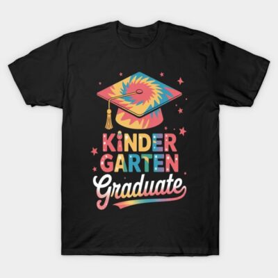 Black kindergarten graduate T-shirt with colorful cap design, ideal for celebrating preschool milestones.