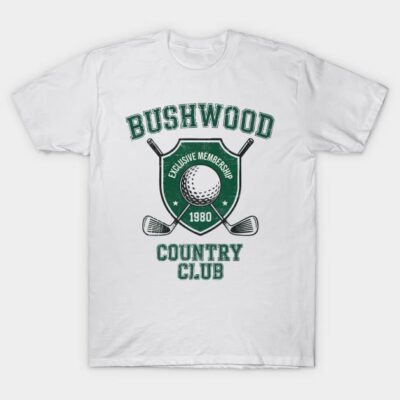 White t-shirt with "Bushwood Country Club" logo, featuring golf design in green, perfect for casual sportswear.