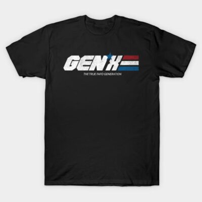 Black Gen X T-shirt with white distressed text and red, white, blue stripes; casual cotton apparel for everyday wear.