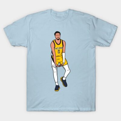 Light blue t-shirt featuring cartoon basketball player graphic in yellow jersey, casual sportswear, cotton material.