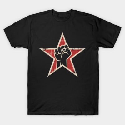 Black t-shirt with red star and raised fist graphic, ideal for casual wear, made from soft cotton blend material.