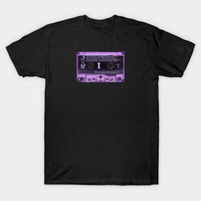 Black t-shirt with purple cassette tape graphic, retro music style, casual wear, cotton material.