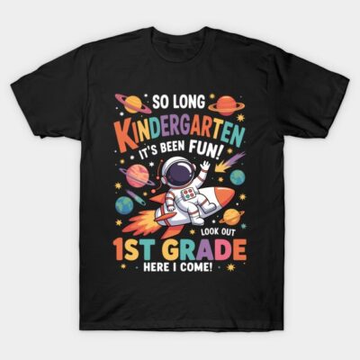 Black t-shirt with colorful space-themed design, featuring playful text celebrating kindergarten graduation.