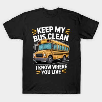 Black t-shirt featuring a yellow school bus graphic and "Keep My Bus Clean" text, perfect for casual wear.