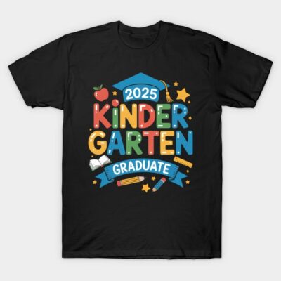 Black kindergarten graduation t-shirt, colorful "2025 Graduate" design, perfect for celebrating milestones.