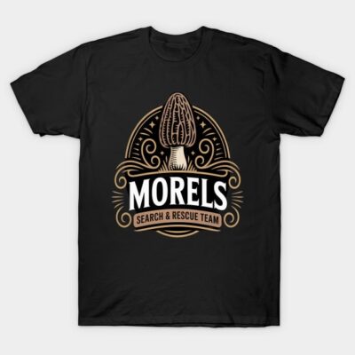 Black graphic t-shirt with "Morels Search & Rescue Team" design, featuring a stylized mushroom illustration.