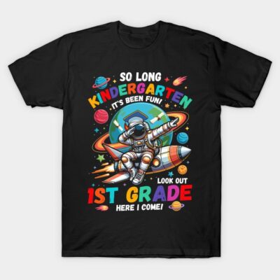 "Black t-shirt with colorful 'So Long Kindergarten, 1st Grade Here I Come' astronaut and rocket design, kids' clothing"
