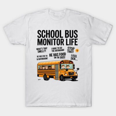 White "School Bus Monitor Life" T-shirt featuring a cartoon bus design, perfect for casual wear or gifting.