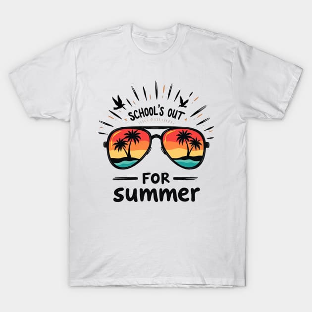 School’s Out for Summer – Retro Sunset Sunglasses Beach Vibes Design T-Shirt 1 White t-shirt with "School's Out for Summer" text and sunglasses graphic, perfect for casual summer wear.