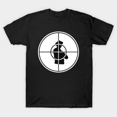 Black cotton t-shirt with white target graphic featuring a chef silhouette, casual wear for everyday style.