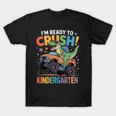 Kids' black T-shirt with colorful dinosaur and truck design, "Ready to Crush Kindergarten" slogan, cotton material.