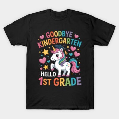 Black t-shirt with colorful unicorn graphic, "Goodbye Kindergarten, Hello 1st Grade" text, ideal for kids' school transition.
