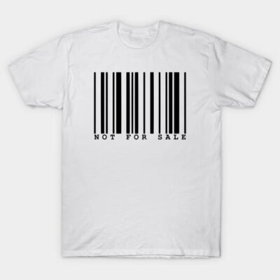 White T-shirt with black barcode design and "Not For Sale" text, casual style, cotton material.